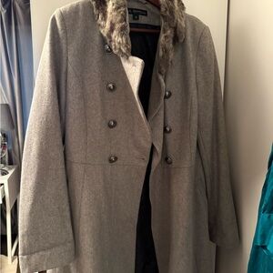 Via Spiga Gray Pea Coat with Faux Fur Trim